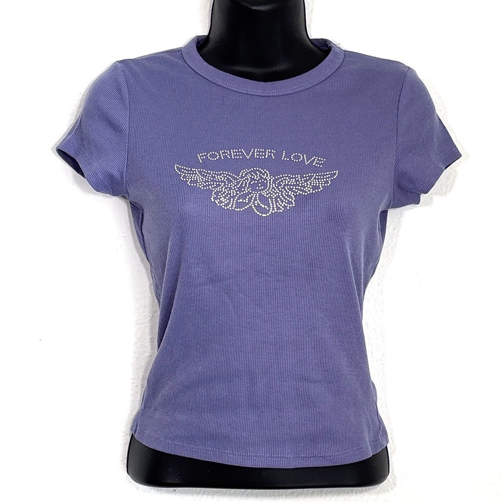 Y2K Charlotte Russe Purple Ribbed T Shirt Rhinestone Angel Wings Forever Love